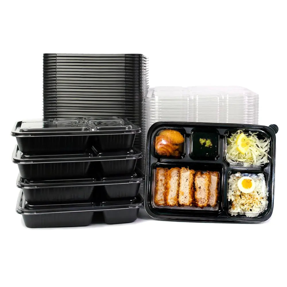FEXTA 5 Compartment Meal Prep Containers With Lids - (50 Pack) Plastic Food Bento Boxes Stackable Reusable Disposable Microwaveable Safe