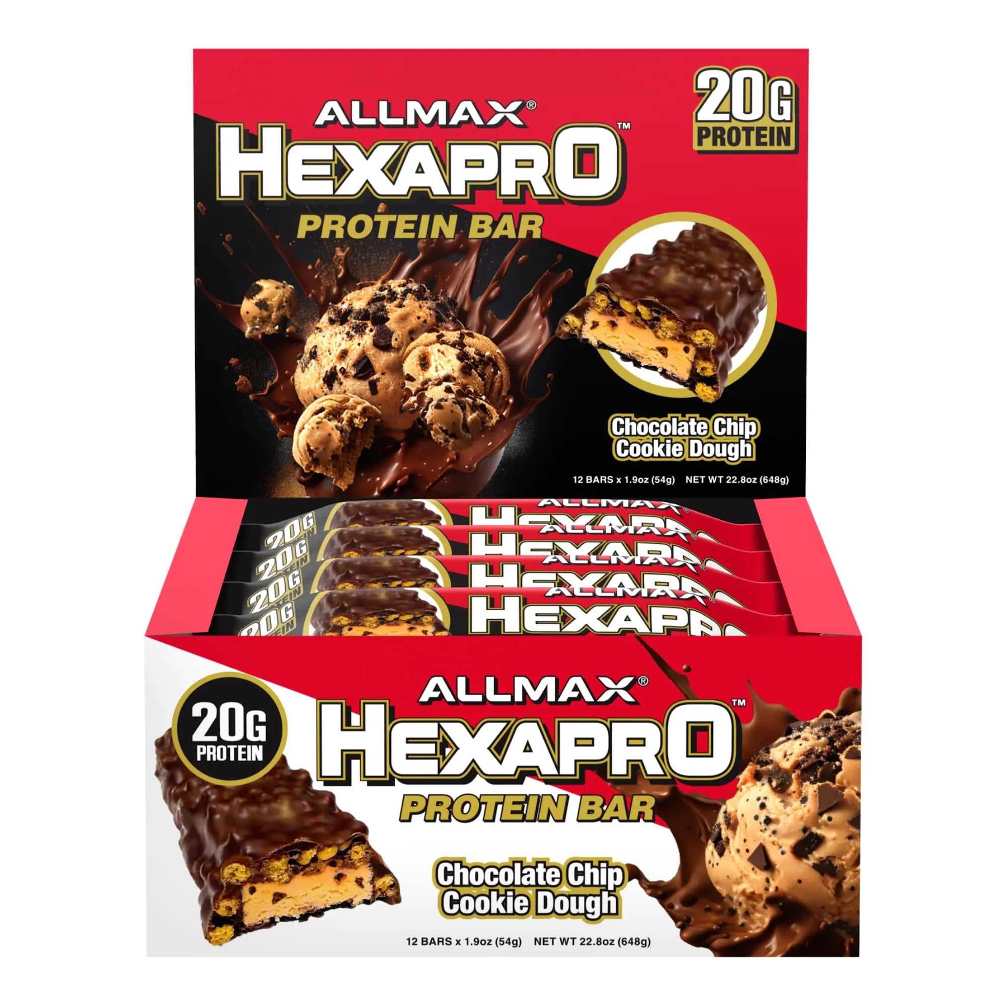 ALLMAX HEXAPRO PROTEIN BAR Chocolate Chip Cookie Dough - Pack of 12 - High-Protein Energy Snack - 20 g of Protein Per Bar - With Whey Protein Isolate
